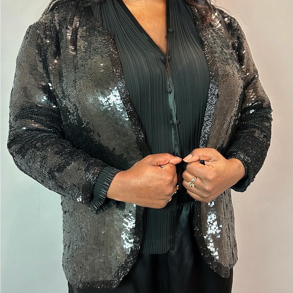 Vintage 80s Black Sequin Bugle Beaded Silk Cocktail Blazer